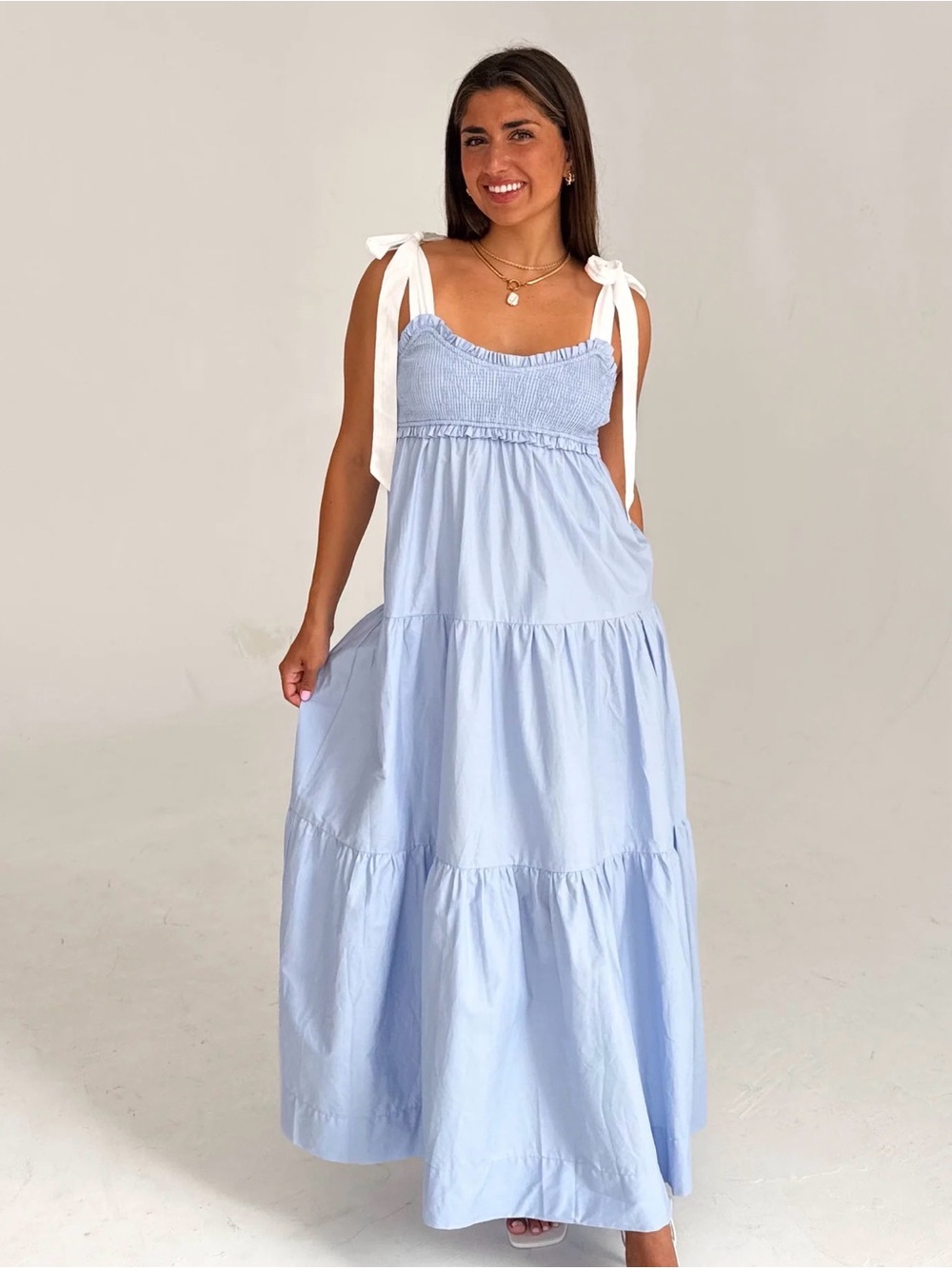 Smocked Tie-Shoulder Light Blue Maxi Dress
